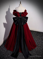 Wine Red Velvet Off Shoulder Prom Dress, A Line Floor Length Prom Dresses