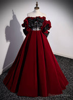 Wine Red Velvet Off Shoulder Prom Dress, A Line Floor Length Prom Dresses