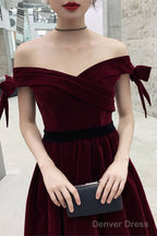 Wine Red Velvet Off Shoulder Prom Dress, A Line Velvet Bridesmaid Dress Prom Dresses
