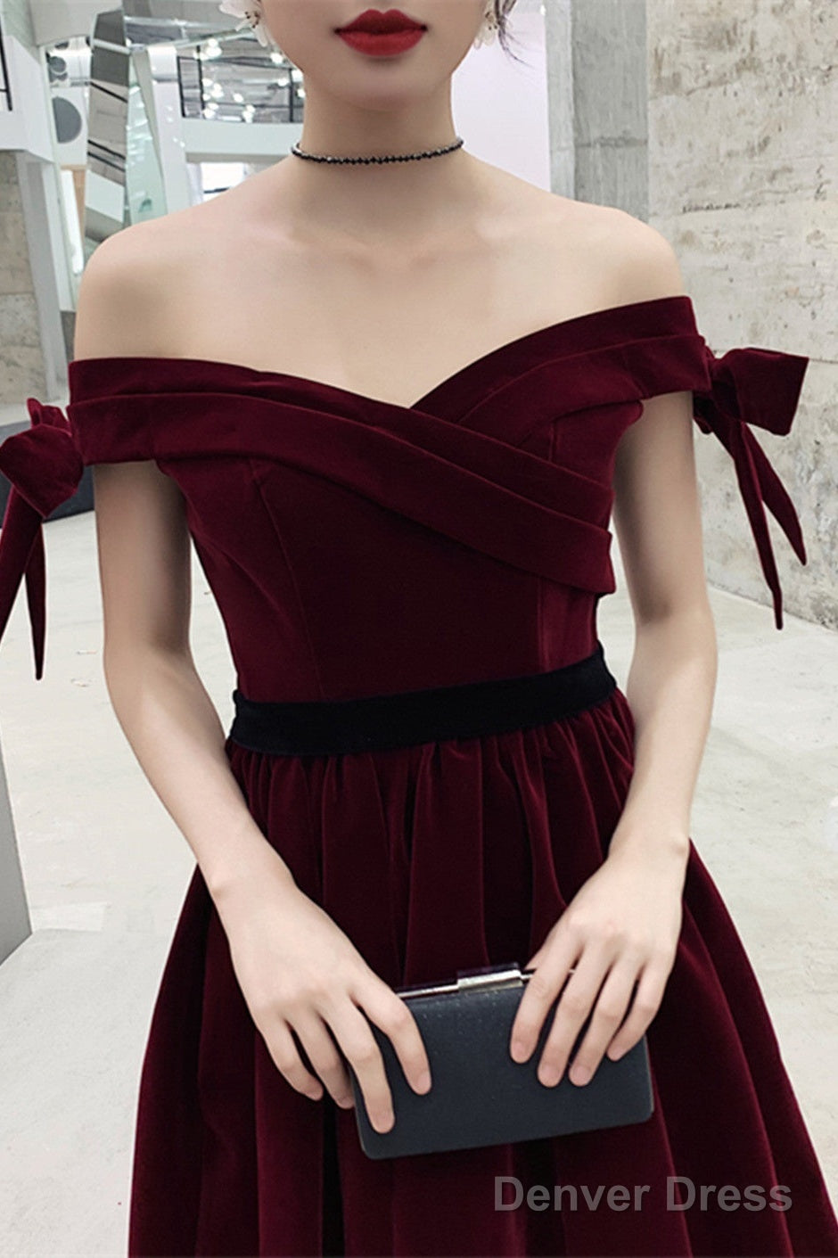 Wine Red Velvet Off Shoulder Prom Dress, A Line Velvet Bridesmaid Dress Prom Dresses