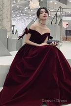 Wine Red Velvet Off Shoulder Prom Dress, A Line Velvet Bridesmaid Dress Prom Dresses
