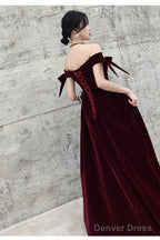 Wine Red Velvet Off Shoulder Prom Dress, A Line Velvet Bridesmaid Dress Prom Dresses