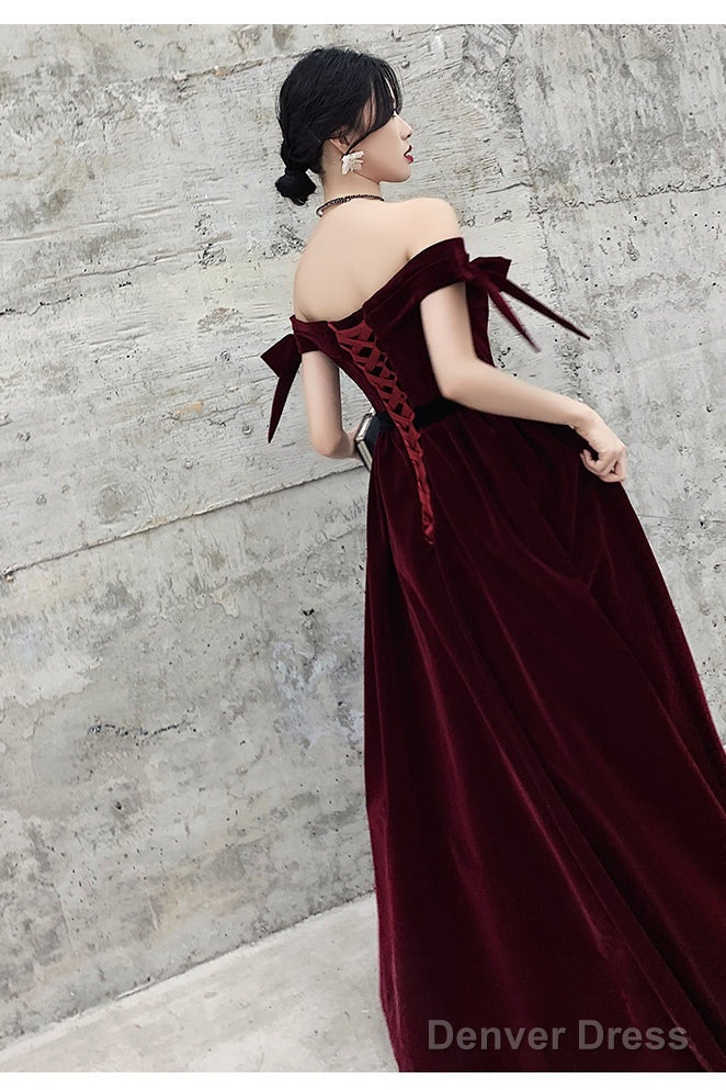 Wine Red Velvet Off Shoulder Prom Dress, A Line Velvet Bridesmaid Dress Prom Dresses