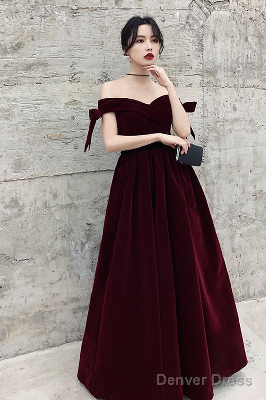 Wine Red Velvet Off Shoulder Prom Dress, A Line Velvet Bridesmaid Dress Prom Dresses Main image