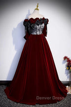 Wine Red Velvet Off Shoulder Party Dresses With Bow, Wine Red Velvet Long Prom Dresses