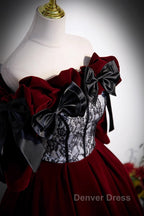 Wine Red Velvet Off Shoulder Party Dresses With Bow, Wine Red Velvet Long Prom Dresses