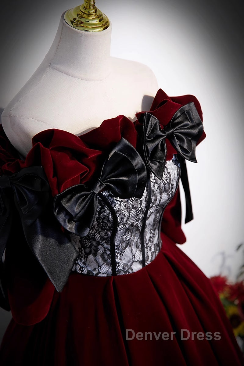 Wine Red Velvet Off Shoulder Party Dresses With Bow, Wine Red Velvet Long Prom Dresses