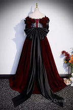 Wine Red Velvet Off Shoulder Party Dresses With Bow, Wine Red Velvet Long Prom Dresses