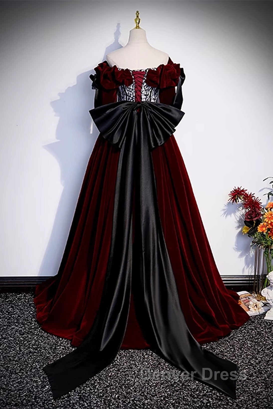 Wine Red Velvet Off Shoulder Party Dresses With Bow, Wine Red Velvet Long Prom Dresses