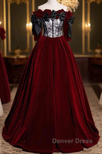 Wine Red Velvet Off Shoulder Party Dresses With Bow, Wine Red Velvet Long Prom Dresses