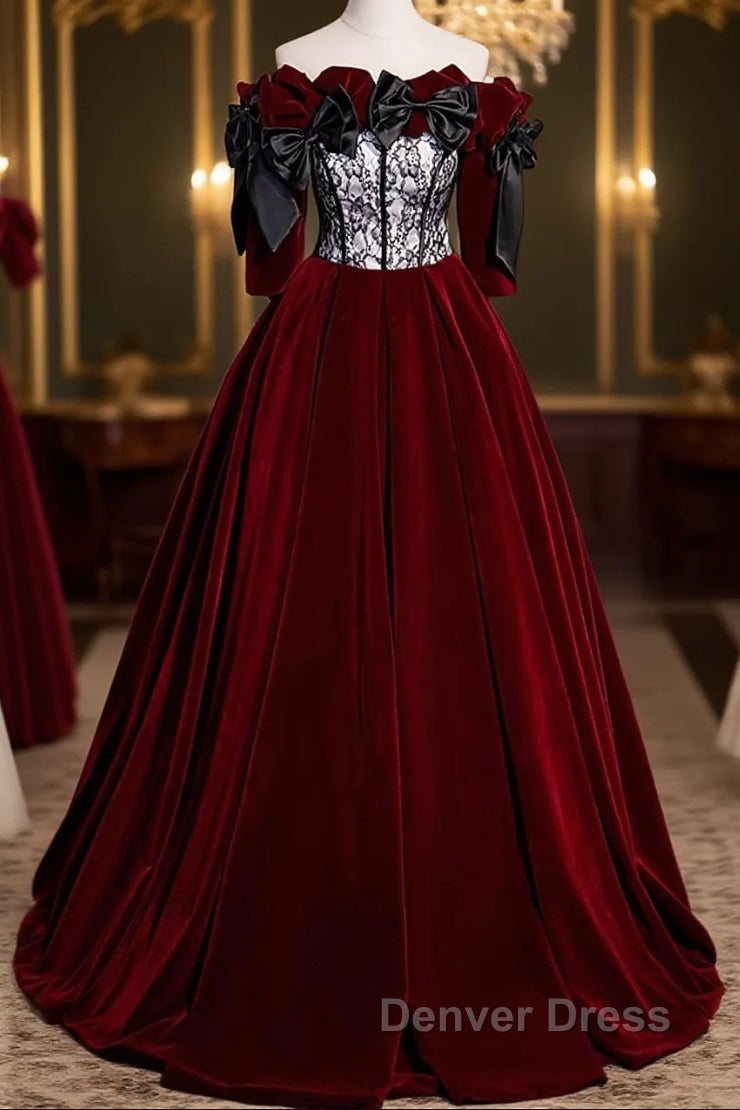Wine Red Velvet Off Shoulder Party Dresses With Bow, Wine Red Velvet Long Prom Dresses