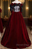 Wine Red Velvet Off Shoulder Party Dresses With Bow, Wine Red Velvet Long Prom Dresses