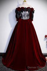 Wine Red Velvet Off Shoulder Party Dress With Bow, Wine Red Velvet Long Prom Dress
