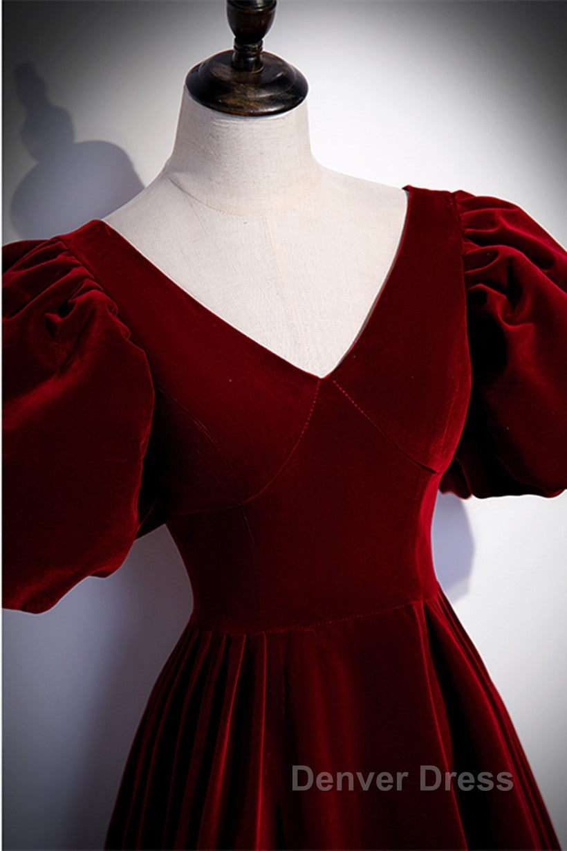 Wine Red Velvet Puffy Short Sleeves Prom Dress, Velvet Long Bridesmaid Dresses Secondary image
