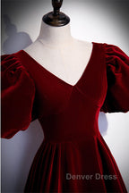 Wine Red Velvet Puffy Short Sleeves Prom Dress, Velvet Long Bridesmaid Dresses