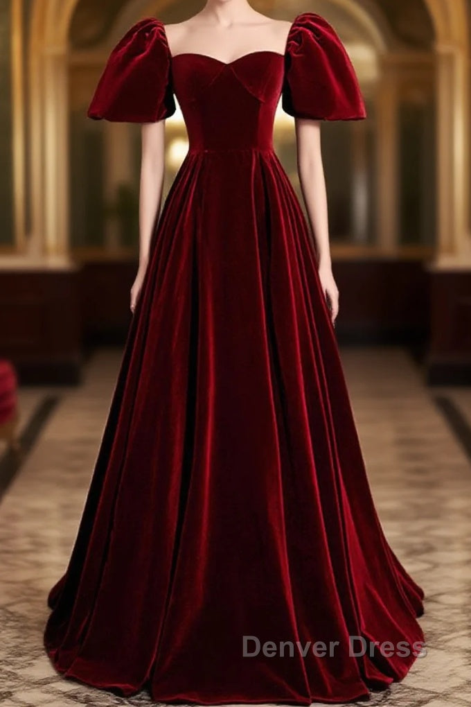 Wine Red Velvet Puffy Short Sleeves Prom Dress, Velvet Long Bridesmaid Dresses