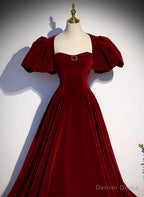 Wine Red Velvet Puffy Sleeves Long Prom Dress, Wine Red Long Prom Dresses