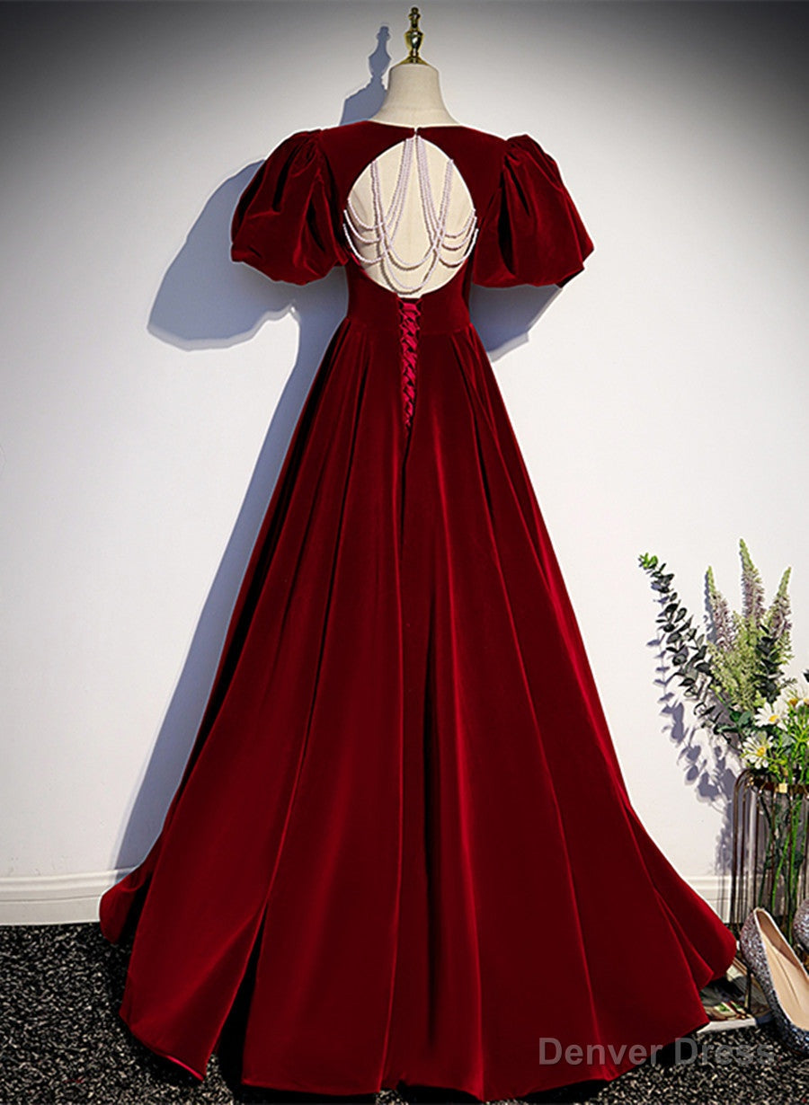 Wine Red Velvet Puffy Sleeves Long Prom Dress, Wine Red Long Prom Dresses