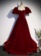 Wine Red Velvet Puffy Sleeves Long Prom Dress, Wine Red Long Prom Dresses