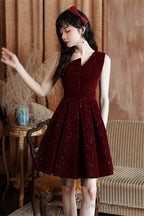 Wine Red Velvet Short Party Dress Homecoming Dress, Wine Red Bridesmaid Dress