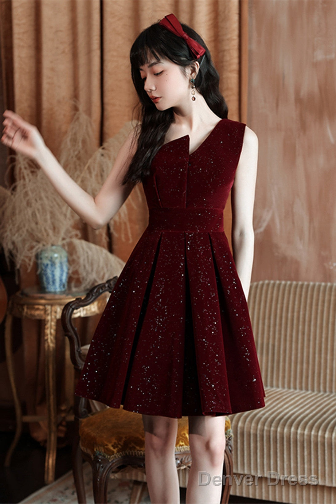 Wine Red Velvet Short Party Dress Homecoming Dress, Wine Red Bridesmaid Dress