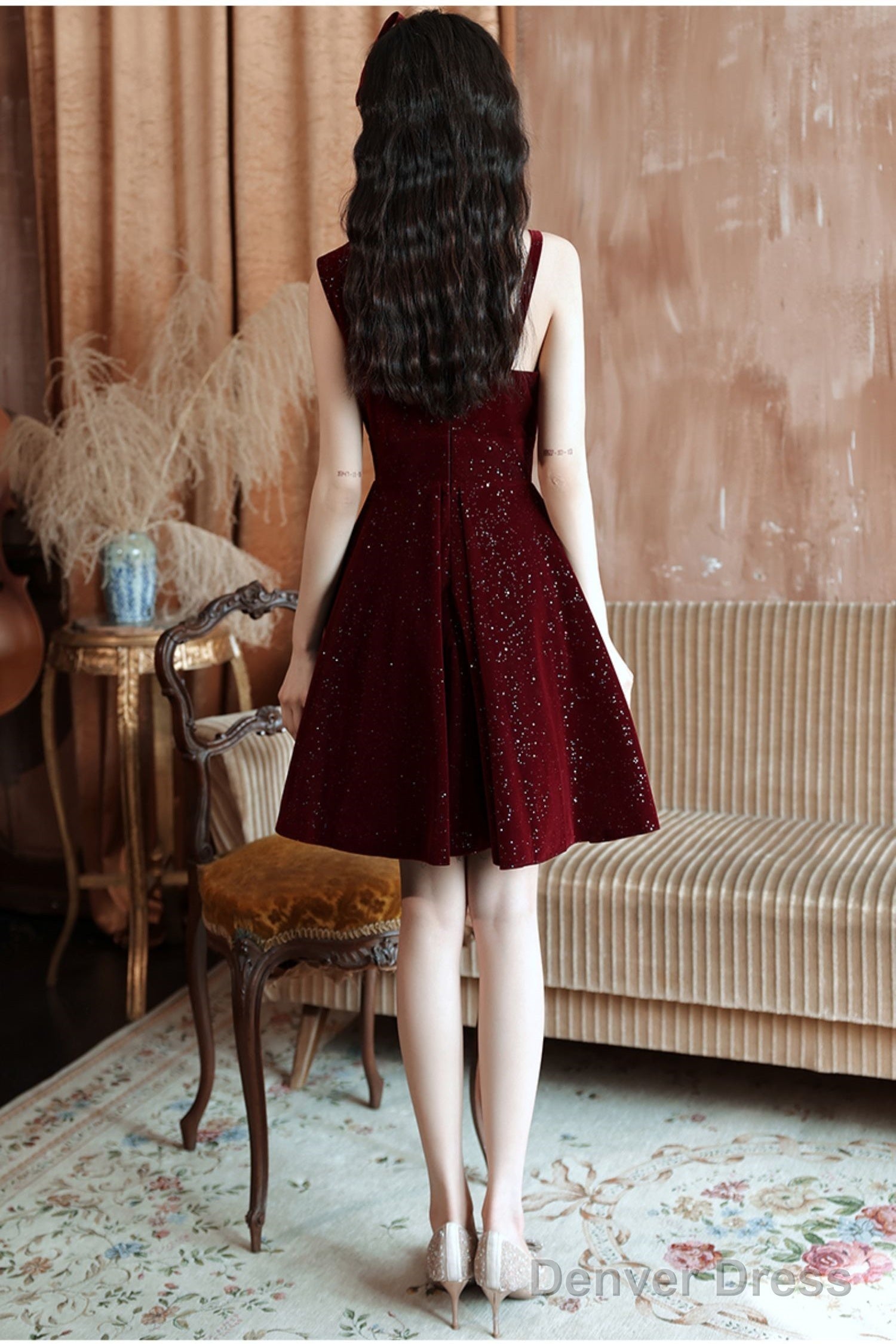 Wine Red Velvet Short Prom Dress Homecoming Dress, Wine Red Bridesmaid Dresses