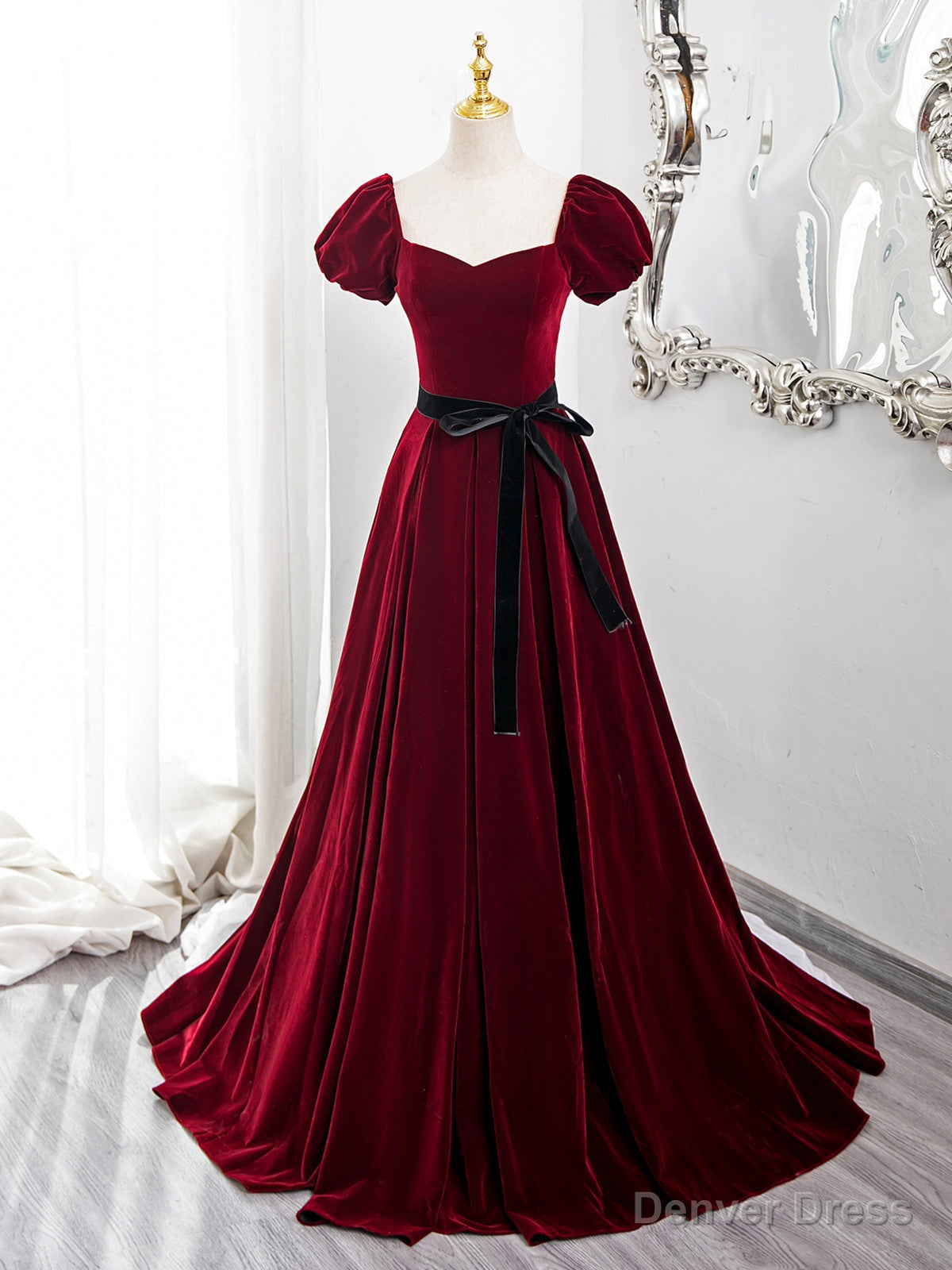 Wine Red Velvet Short Sleeves A Line Prom Dress, Wine Red Long Prom Dresses Main image