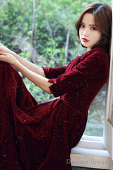 Wine Red Velvet Short Sleeves Long Formal Dress, A-Line Wine Red Prom Dress