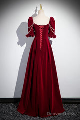 Wine Red Velvet Short Sleeves Long Prom Dress, Wine Red A-Line Evening Dress