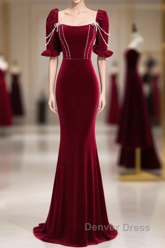 Wine Red Velvet Short Sleeves Long Prom Dresses, Wine Red A-Line Evening Dresses Main image