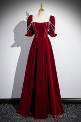 Wine Red Velvet Short Sleeves Long Prom Dress, Wine Red A-Line Evening Dress