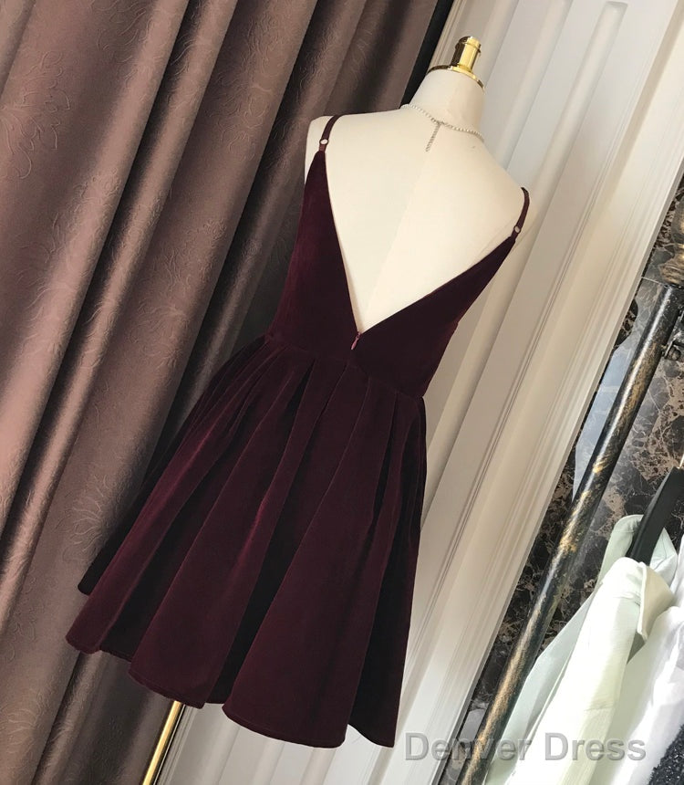 Wine Red Velvet Short V Back Homecoming Dress Party Dress, Dark Red Short Prom Dress
