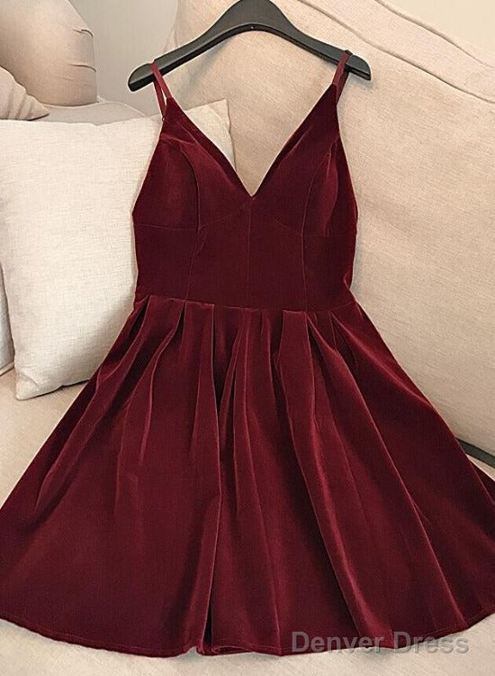 Wine Red Velvet Short V Back Homecoming Dress Party Dress, Dark Red Short Prom Dress