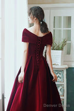 Wine Red Velvet Simple A-Line Long Wedding Party Dress, Wine Red Evening Dress