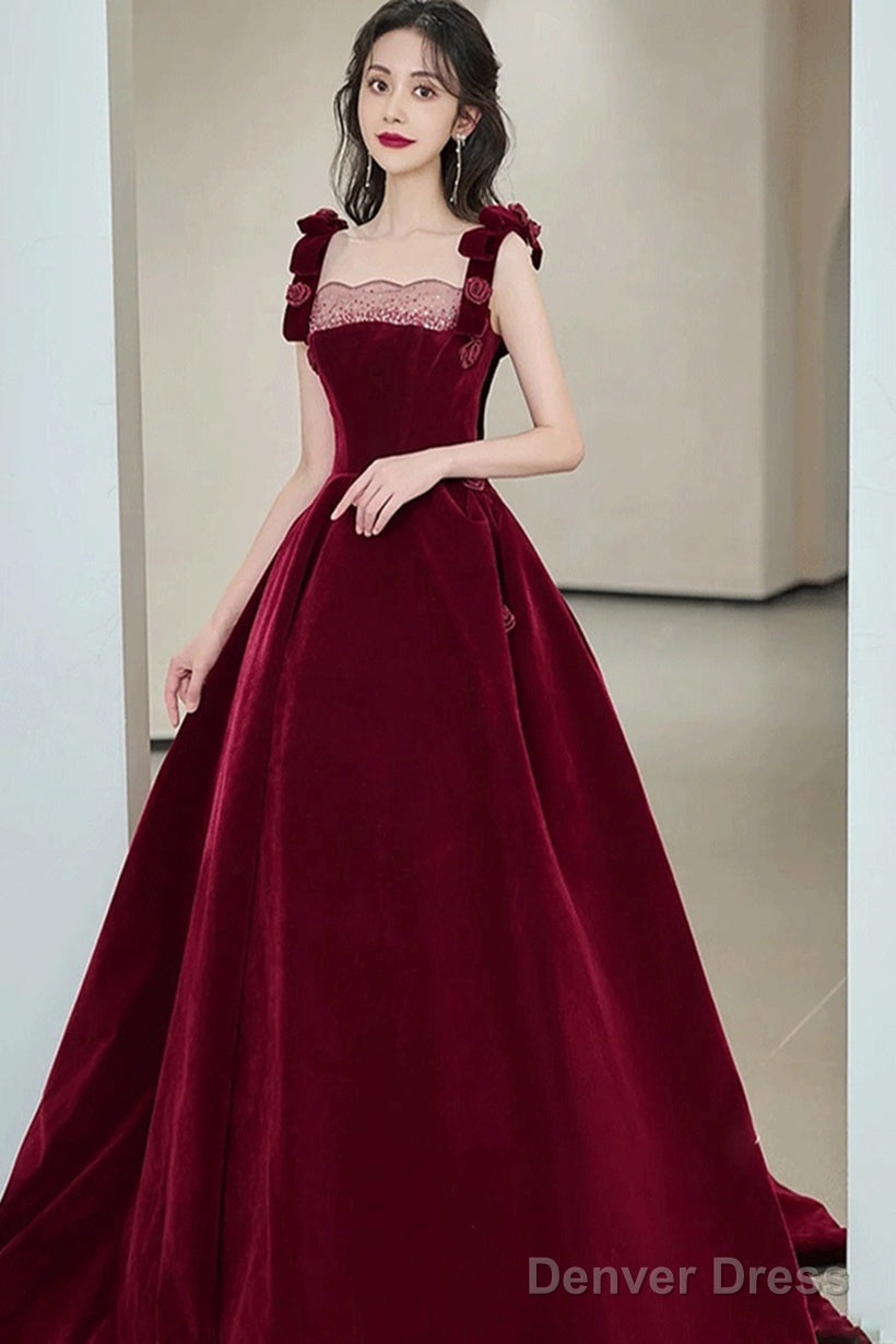 Wine Red Velvet Straps Flowers Lace-Up Long Prom Dress, Wine Red Long Party Dress Main image