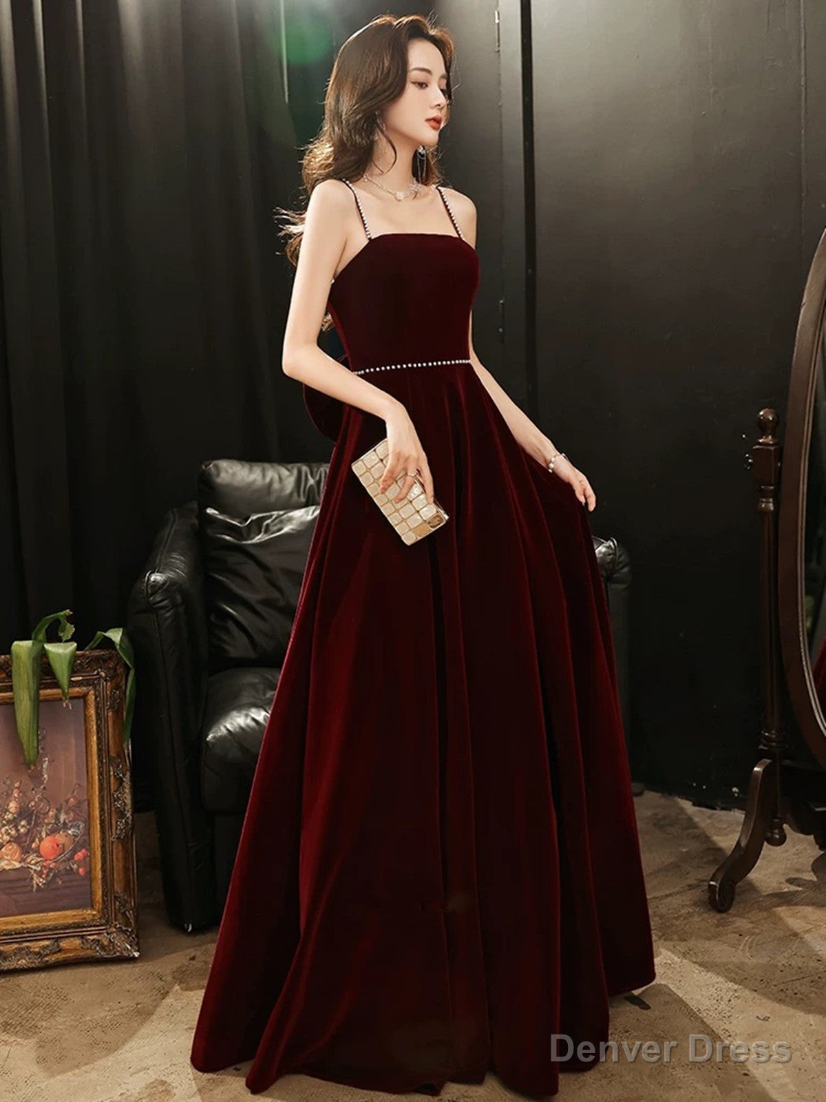 Wine Red Velvet Straps Long Prom Dress with Bow, Wine Red Prom Dresses Main image