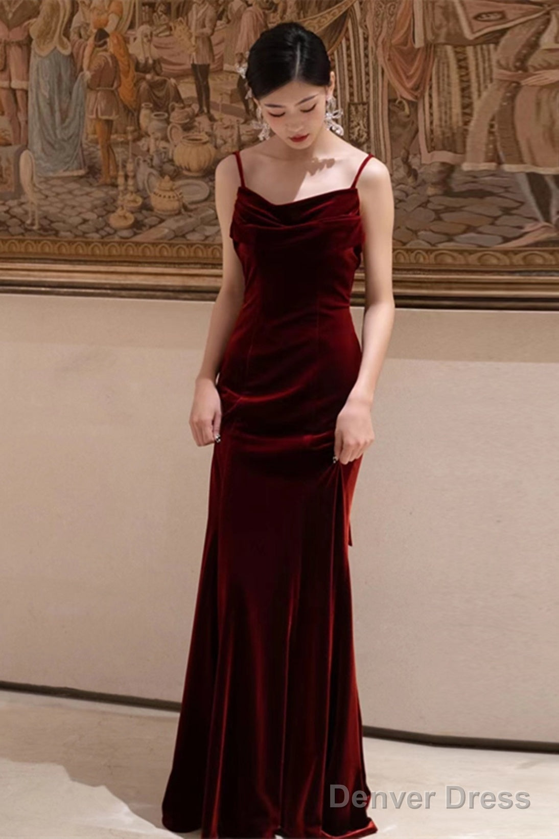 Wine Red Velvet Straps Low Back Long Wedding Party Dress, Wine Red Prom Dress Formal Dress