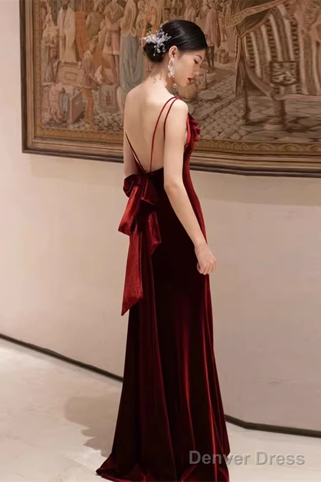Wine Red Velvet Straps Low Back Long Wedding Prom Dress, Wine Red Prom Dress
