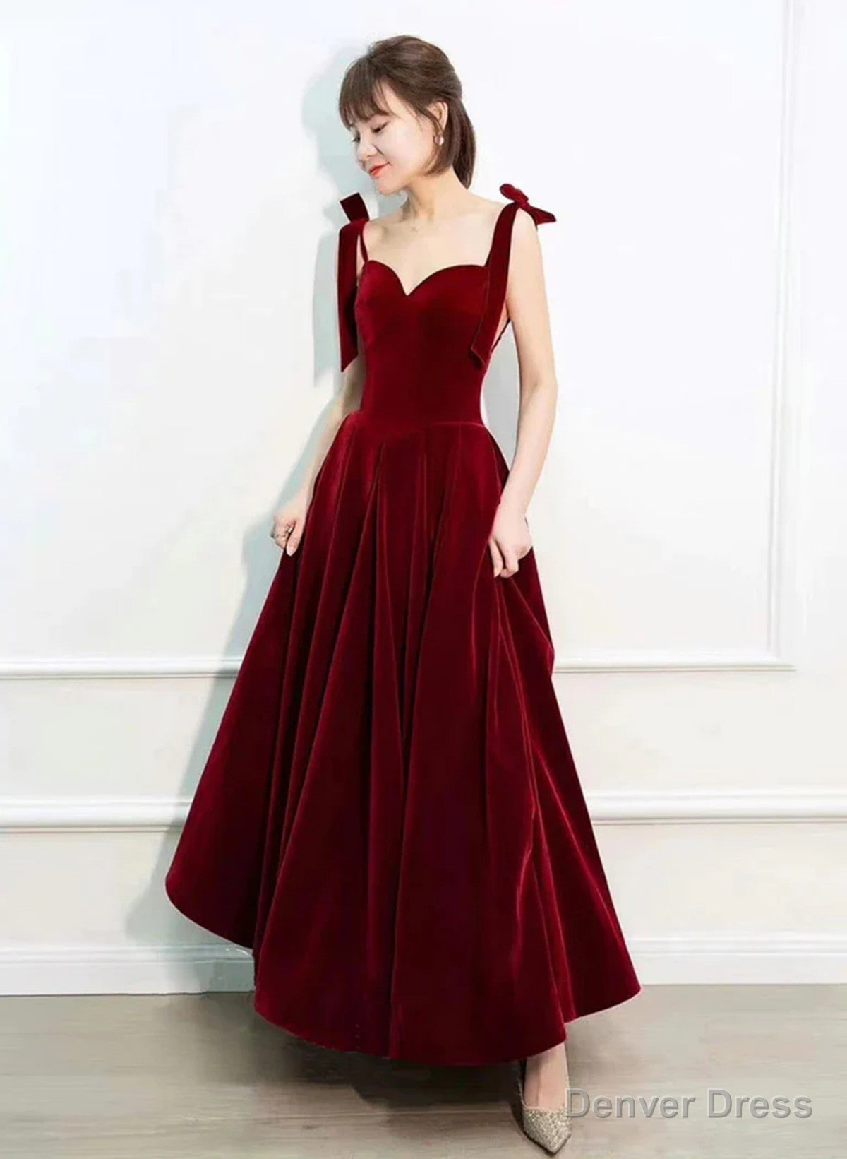 Wine Red Velvet Straps Sweetheart Long Prom Dress, Wine Red Velvet Evening Dress Main image
