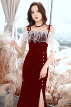 Wine Red Velvet Straps Wedding Party Dress, Wine Red Lace-Up Evening Dress