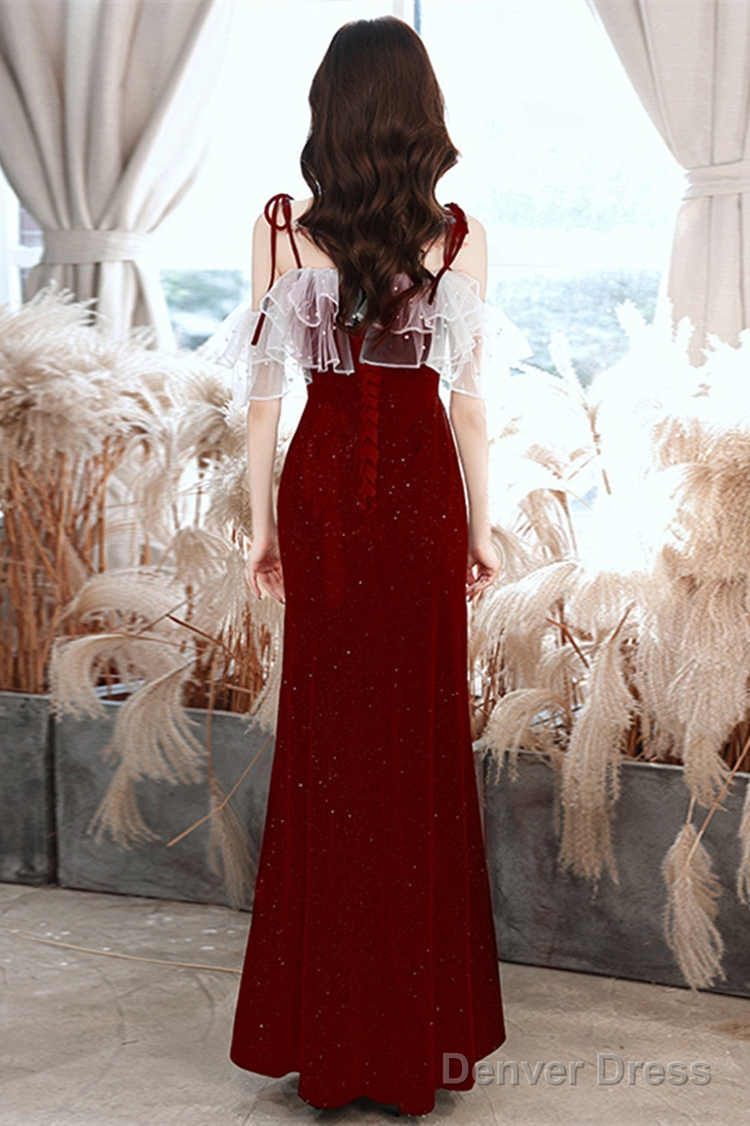 Wine Red Velvet Straps Wedding Prom Dress, Wine Red Lace-Up Prom Dresses