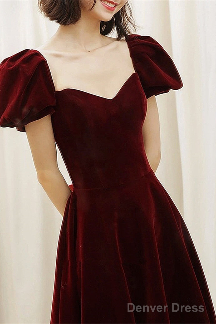 Wine Red Velvet Sweetheart Long Party Dress, A-Line Wine Red Prom Dress