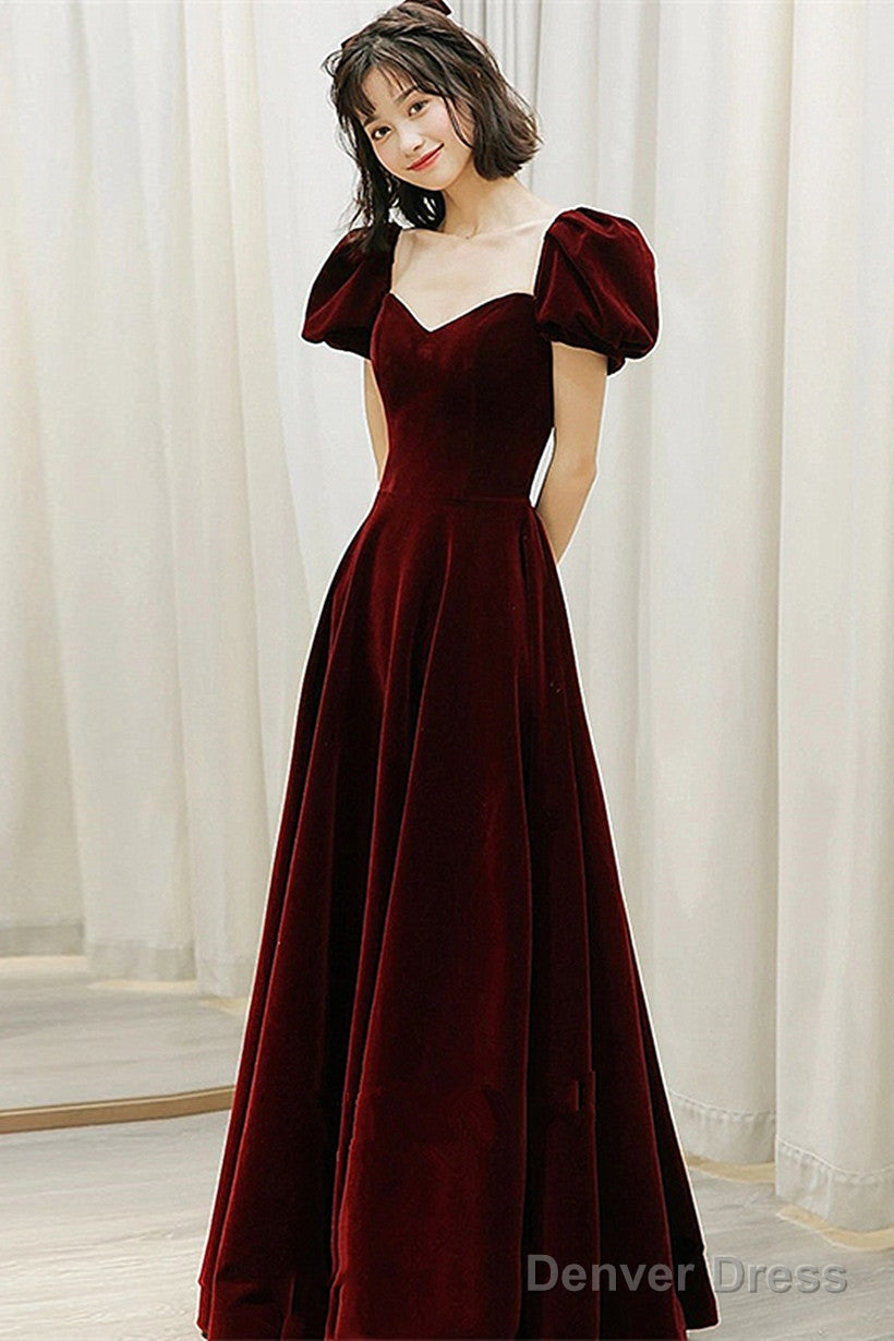 Wine Red Velvet Sweetheart Long Party Dress, A-Line Wine Red Prom Dress Main image
