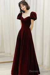 Wine Red Velvet Sweetheart Long Party Dress, A-Line Wine Red Prom Dress