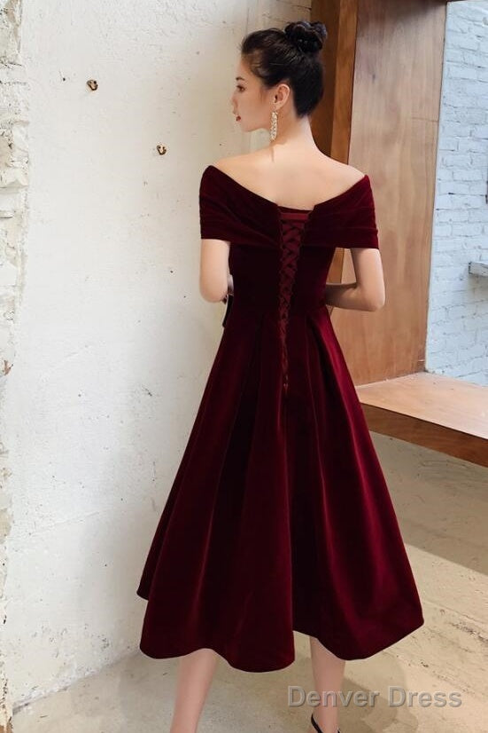 Wine Red Velvet Tea Length Chic Off Shoulder Party Dress, Burgundy Prom Dresses Secondary image