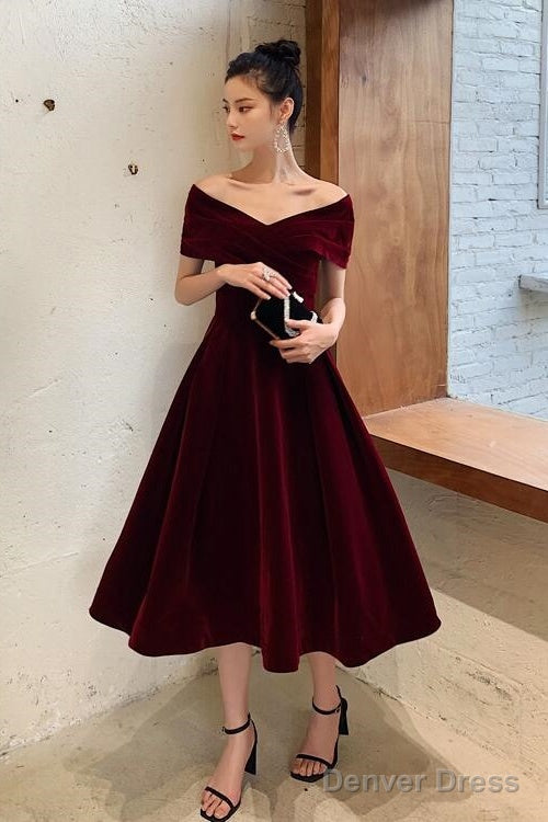 Wine Red Velvet Tea Length Chic Off Shoulder Party Dress, Burgundy Prom Dresses Main image