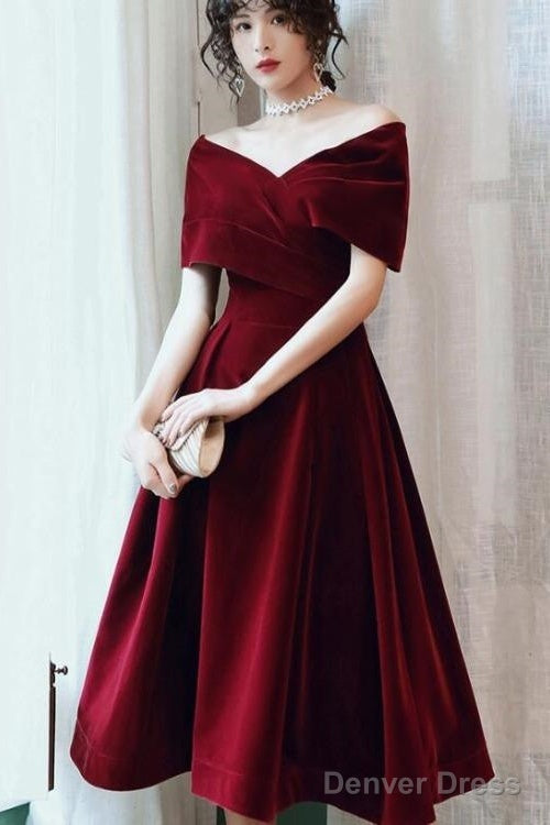 Wine Red Velvet Tea Length Homecoming Dress, Dark Red Party Dresses Secondary image
