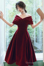 Wine Red Velvet Tea Length Homecoming Dress, Dark Red Prom Dresses