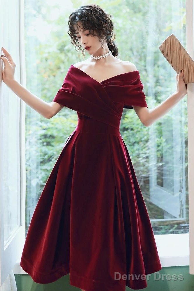 Wine Red Velvet Tea Length Homecoming Dress, Dark Red Prom Dresses