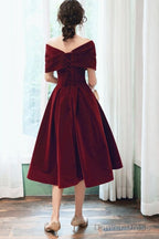 Wine Red Velvet Tea Length Homecoming Dress, Dark Red Prom Dresses